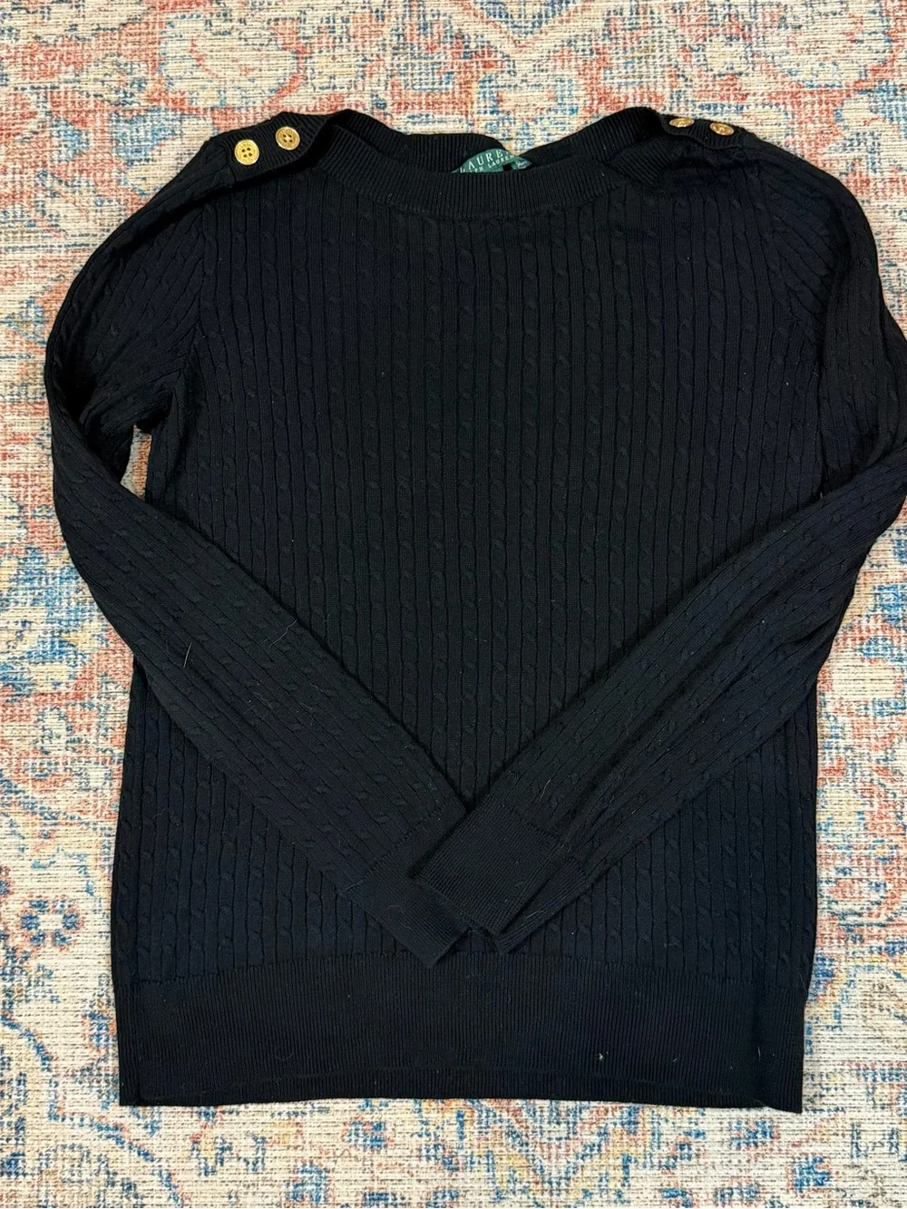 Lauren Ralph Lauren Black Cable Knit Gold Button Shoulder Sweater Cotton M Fall